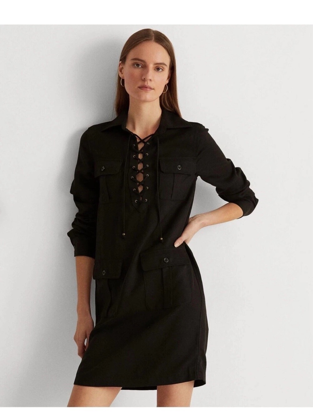 Lauren Ralph Lauren Black Lace-Up Utility Shirt dress